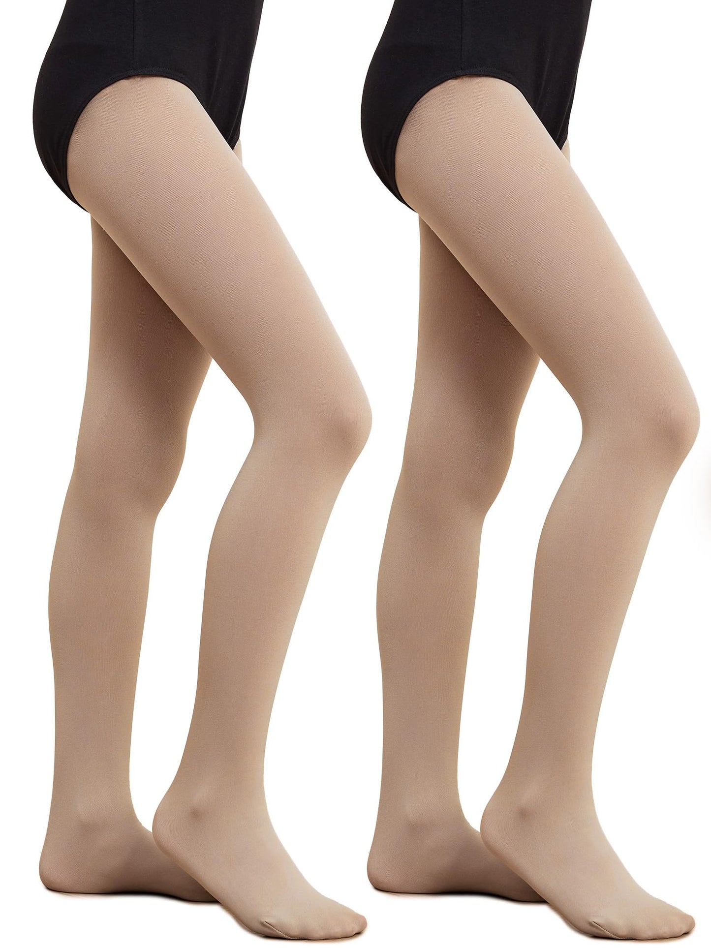 DIPUG Ballet Tights for Girls Dance Tights Toddler Thick Soft Footed Kids Nude Stockings Size 8 9 10 11 12, 2 Pack