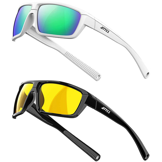 ATTCL Bundle Polarized Wrap Sunglasses For Men+Night Driving Glasses for men:(5001-White+green)+(5001-Night Driving Glasses)