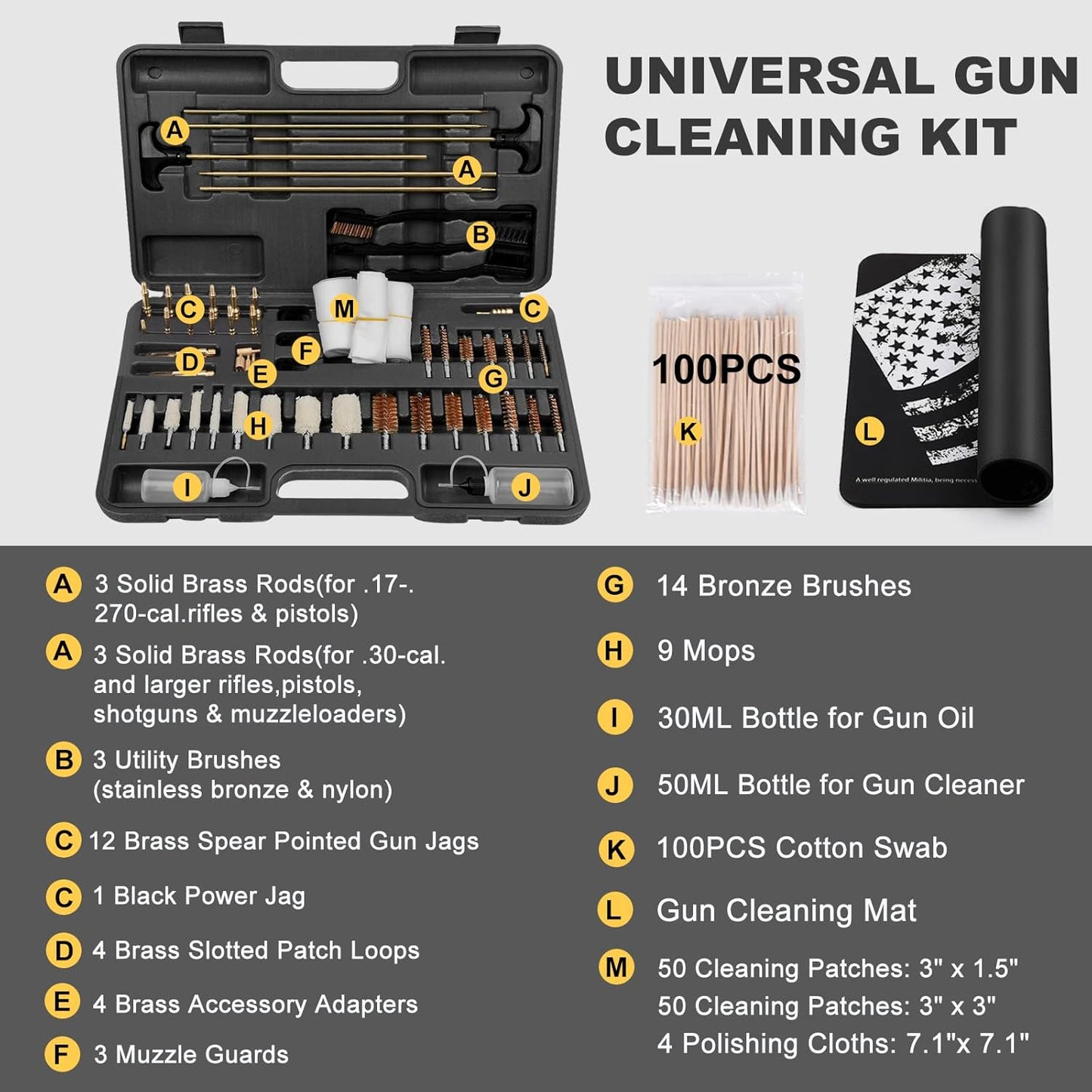 iunio Universal Gun Cleaning Kit, with Mat and Case, Full Brass Jags, Rods and Adapters, for All Guns, Rifle, Shotgun, Handgun, Pistol, Hunting, Shooting, All Caliber