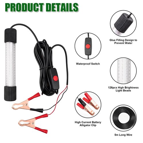 ReeMoo 12V 126 LEDs 13W Fishing Light Underwater Night Fishing Lure Finder Light Green Submersible Fishing Lights with 5M Power Cord for Pool Boat Sea Ice Fishing Attractants More Fish