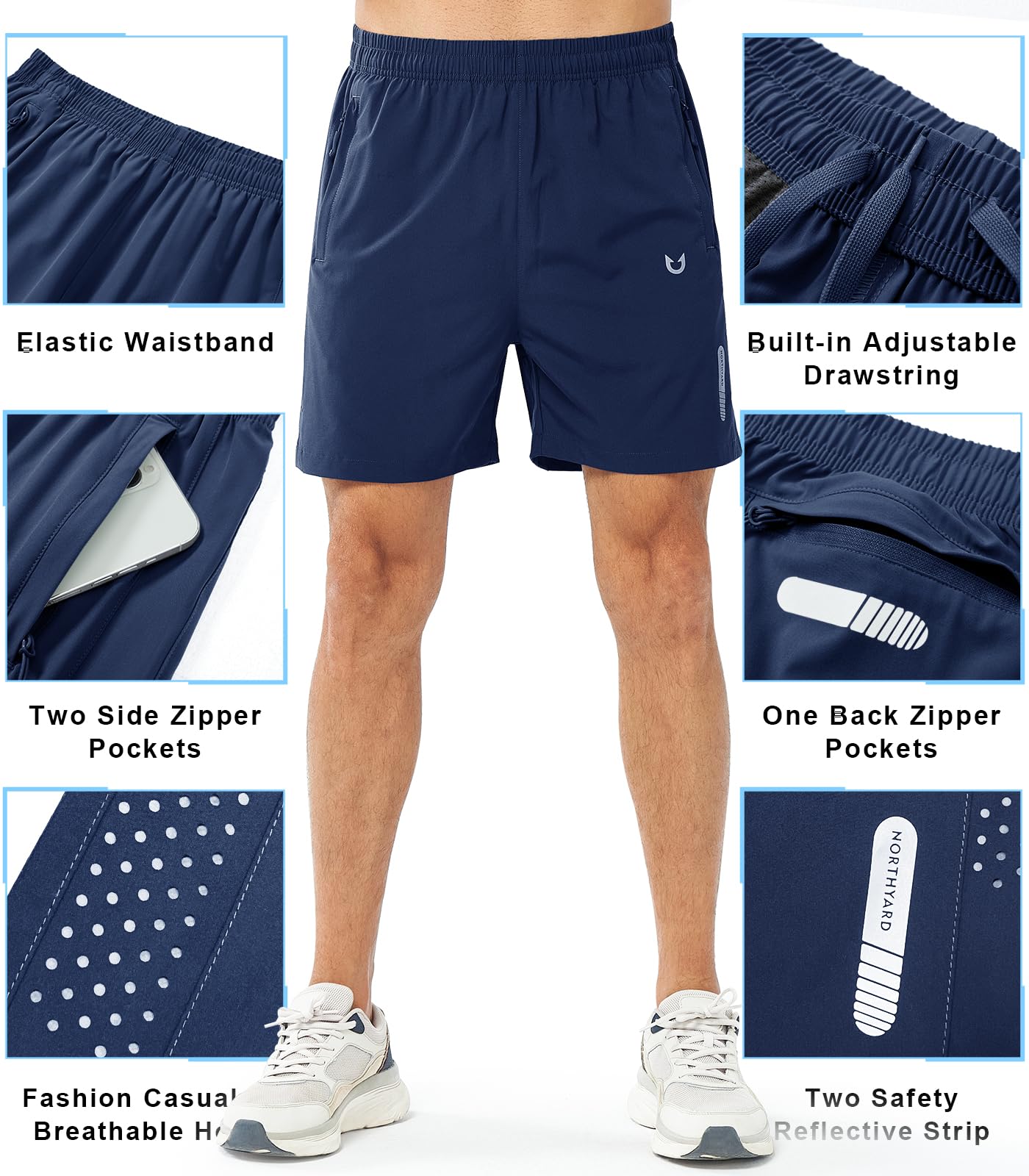 NORTHYARD Men's Athletic Running Shorts Gym Workout 7"/9"/5" Quick Dry Lightweight Sports Basketball Tennis 3 Zipper Pockets DARKBLUE-5inch XL