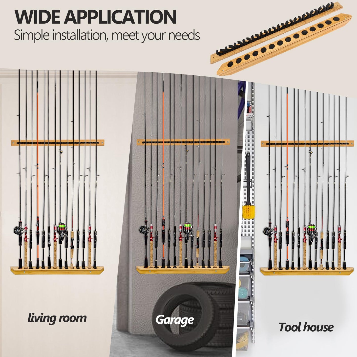THKFISH Fishing Rod Racks Fishing Rod Holders for Garage Wood Fishing Pole Wall Rack Store 14 Fishing Rod Combos,1 Pair