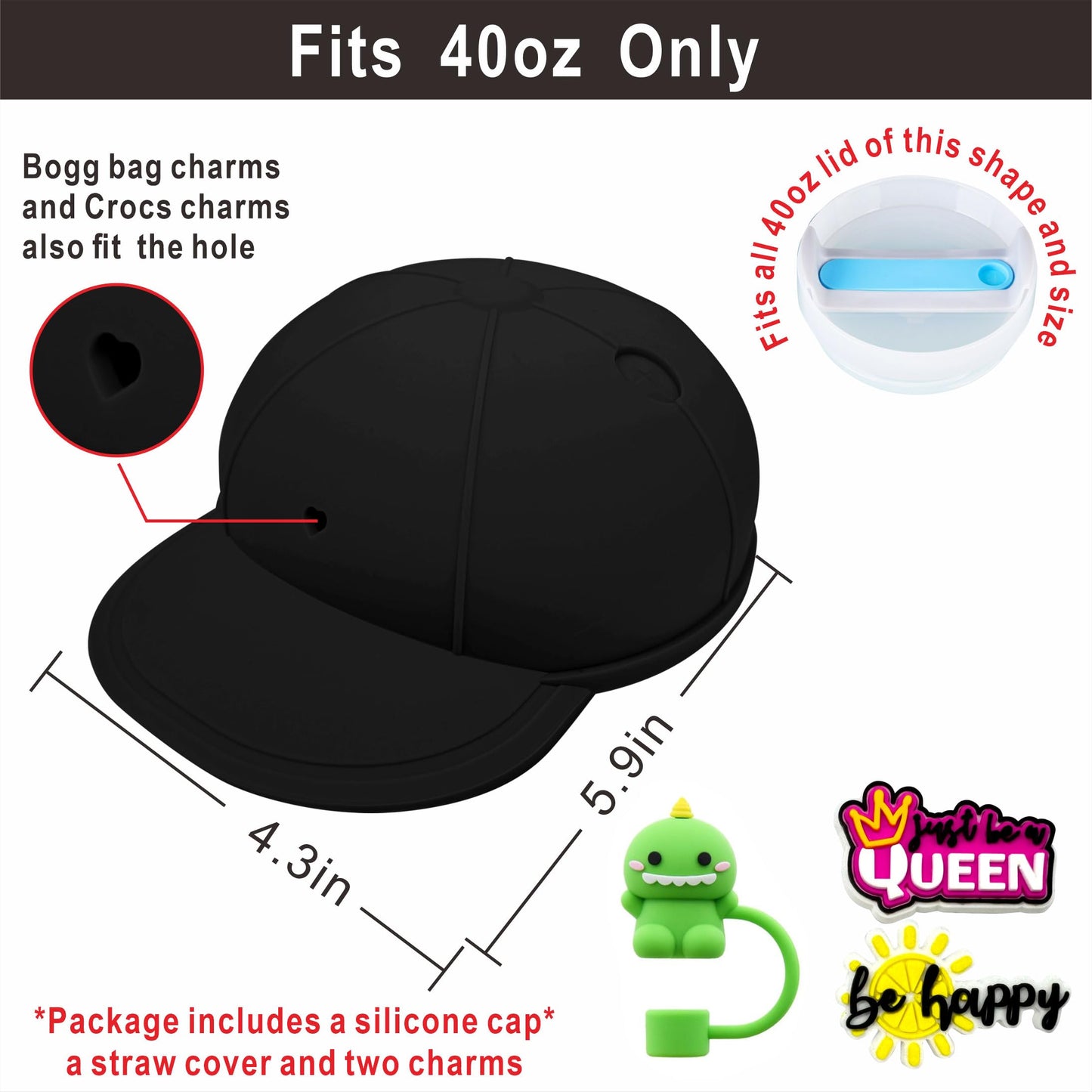 Anti-dust Silicone Hat for Stanley Cup 40oz, Compatible with Stanley Cup with Straw Cover and Two Charms, Black