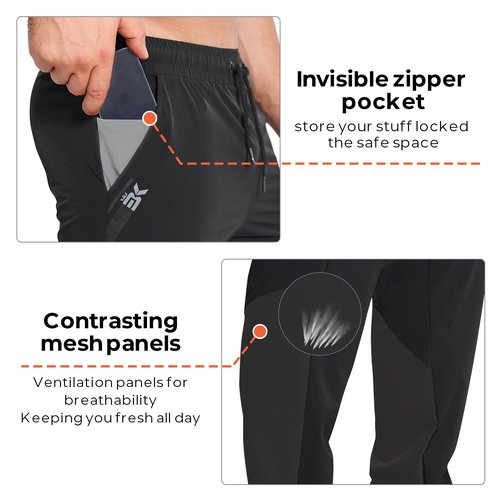 BROKIG Men's DryUp Running Track Pants 3 Pockets, Lightweight Workout Pant Casual Nylon Thin Stretch Gym Pants for Men (Large, Black+Dark Grey)