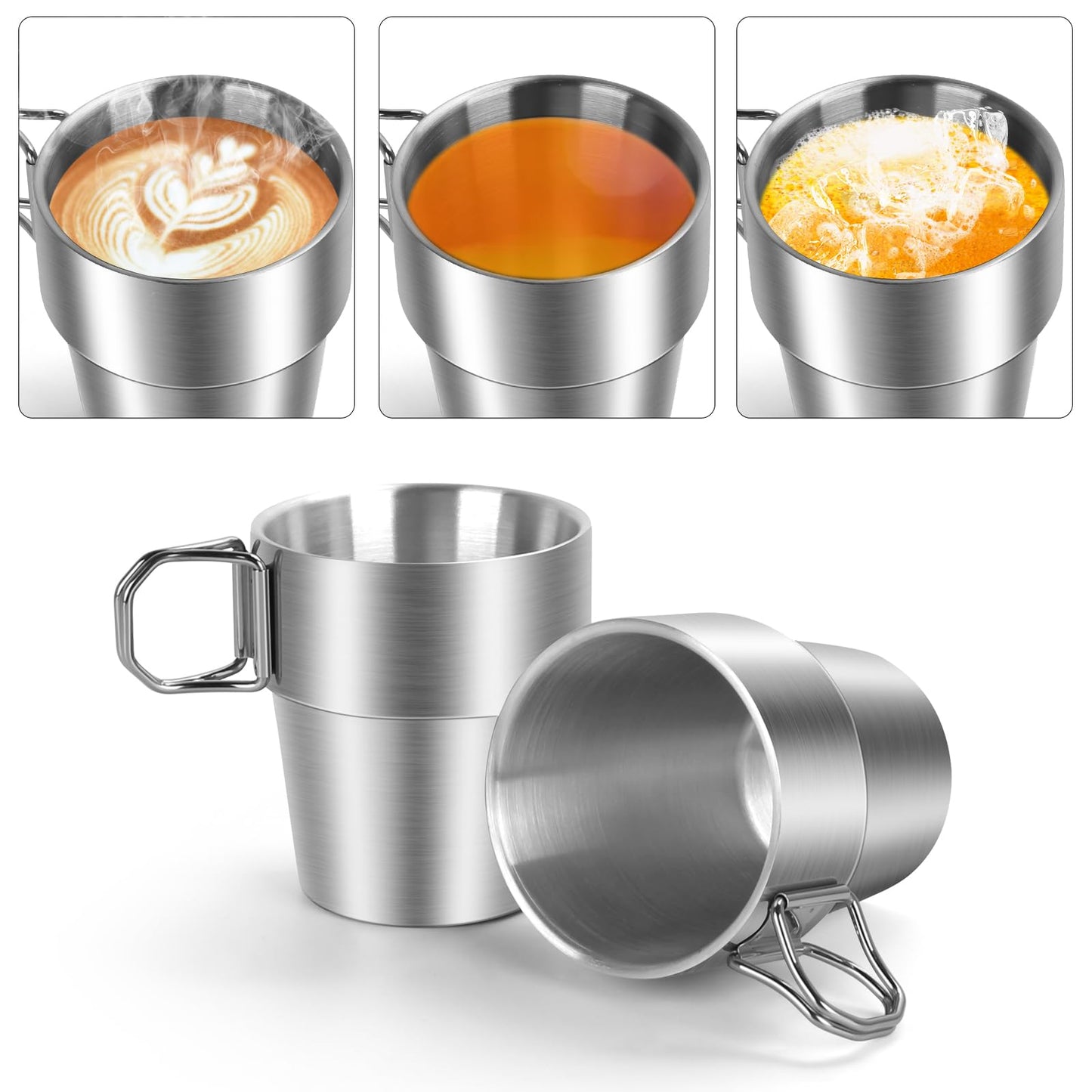 4-Pack Stainless Steel Camping Cups with Foldable Handle, 10 oz Camping Coffee Mugs with Double Wall Design, Ideal for Outdoor Activities, Travel, and Home Use