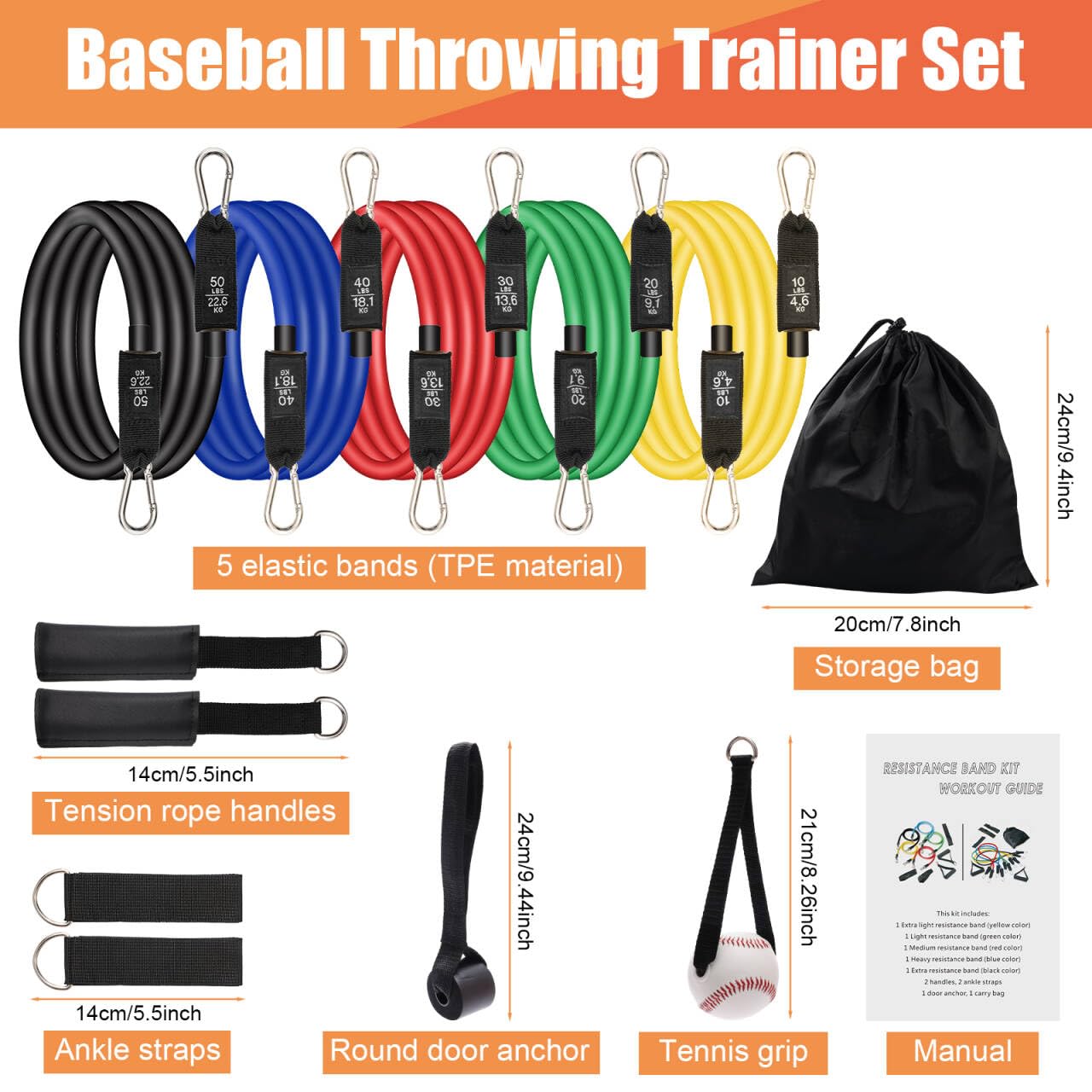 12PCS Baseball Resistance Bands, COITEK Baseball Arm Training Bands Stretching Bands with Interchangeable Grips for Physical Therapy, Muscle Training, Home Workouts