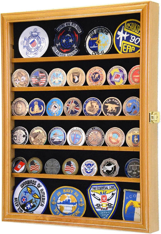 56 Challenge Coin Display Case Cabinet - Fully Adjustable Shelves - Larger Coins - 98% UV Protection (Black Finish)