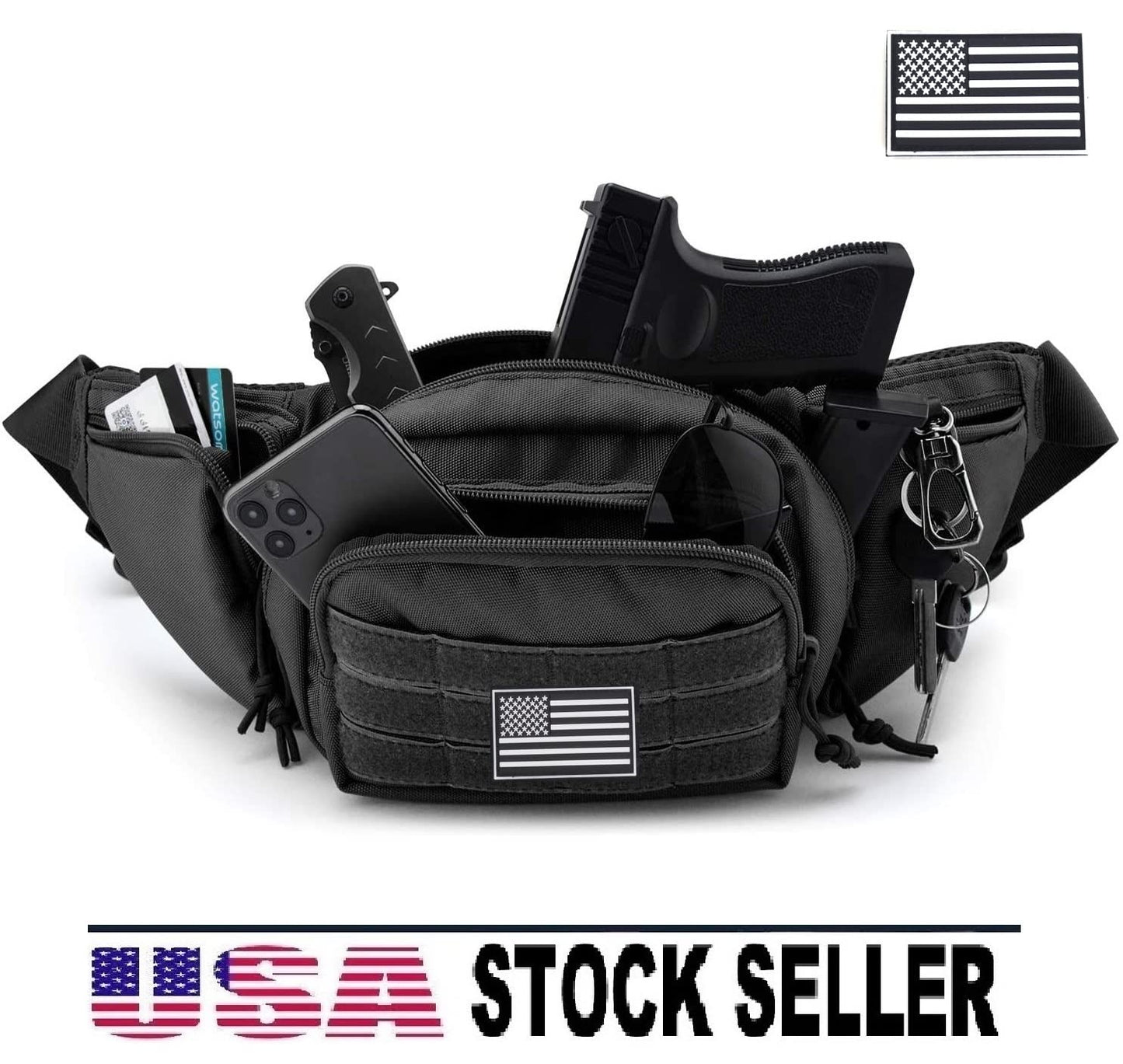 Galaxy Concealed Carry Pistol Waist Pouch - Tactical Fanny Pack Holster, Waist Gun Bag, Fits Handgun,1911 For Camping Hunting Hiking Fishing.. Molle With USA Flag Patch Black