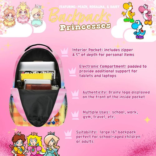 Brainy Princess Backpack 16" Cute Pink Pretty Girls Women Peach Daisy Rosalina Cartoon (Princess Pink)