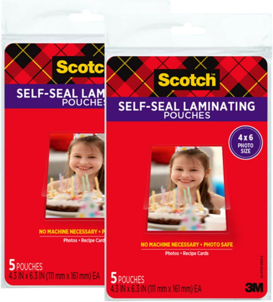 Scotch Self-Sealing Laminating Pouches, Gloss Finish, Photo Size 4 x 6 Inches, 5/Pack