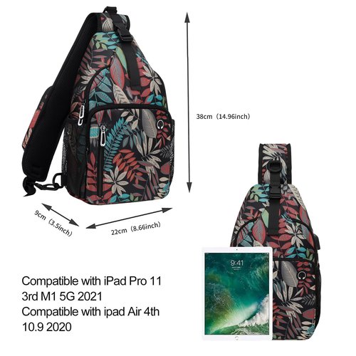 MOSISO Sling Backpack Bag, Crossbody Shoulder Bag Travel Hiking Daypack Chest Bag with Front Square Pocket&USB Charging Port, Creative Plant Leaves