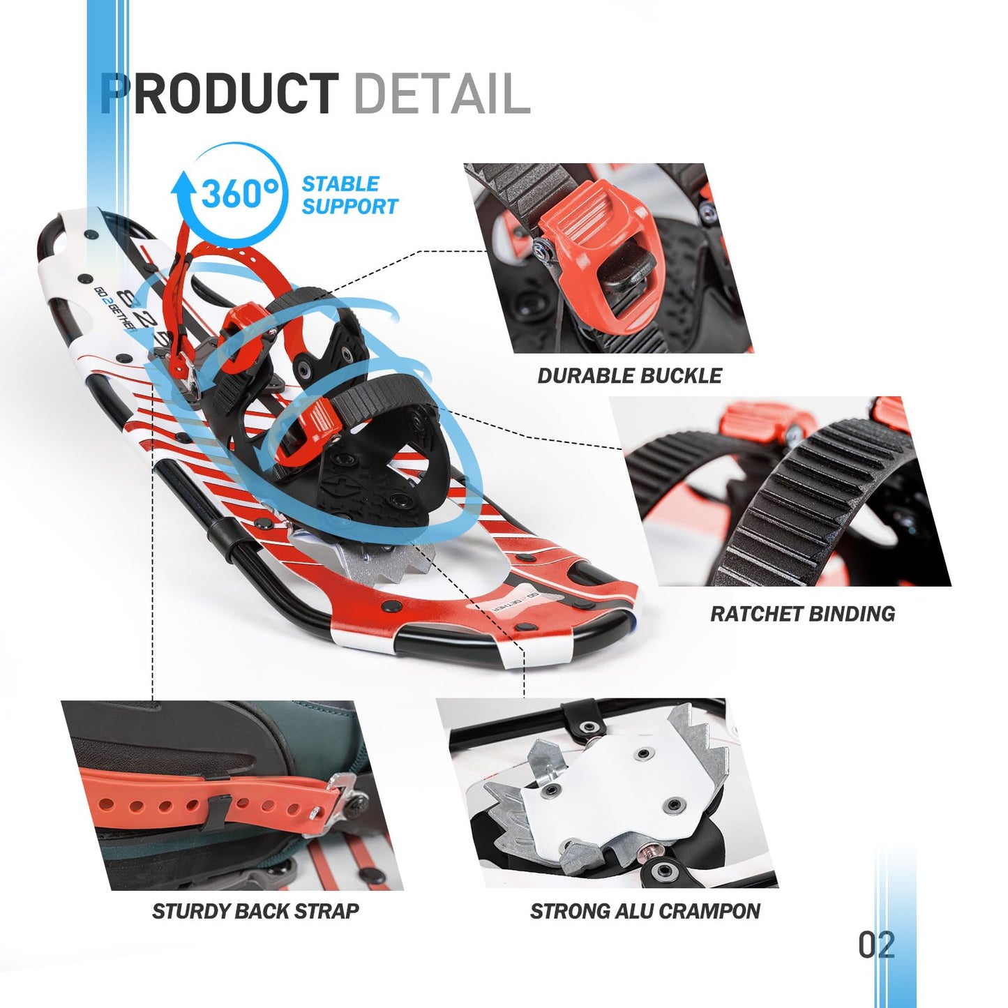 G2 21 Inches Light Weight Snowshoes for Women Men Youth, Set with Trekking Poles, Tote Bag, Gaiters,Special Fast Ratchet Binding(Red&White)