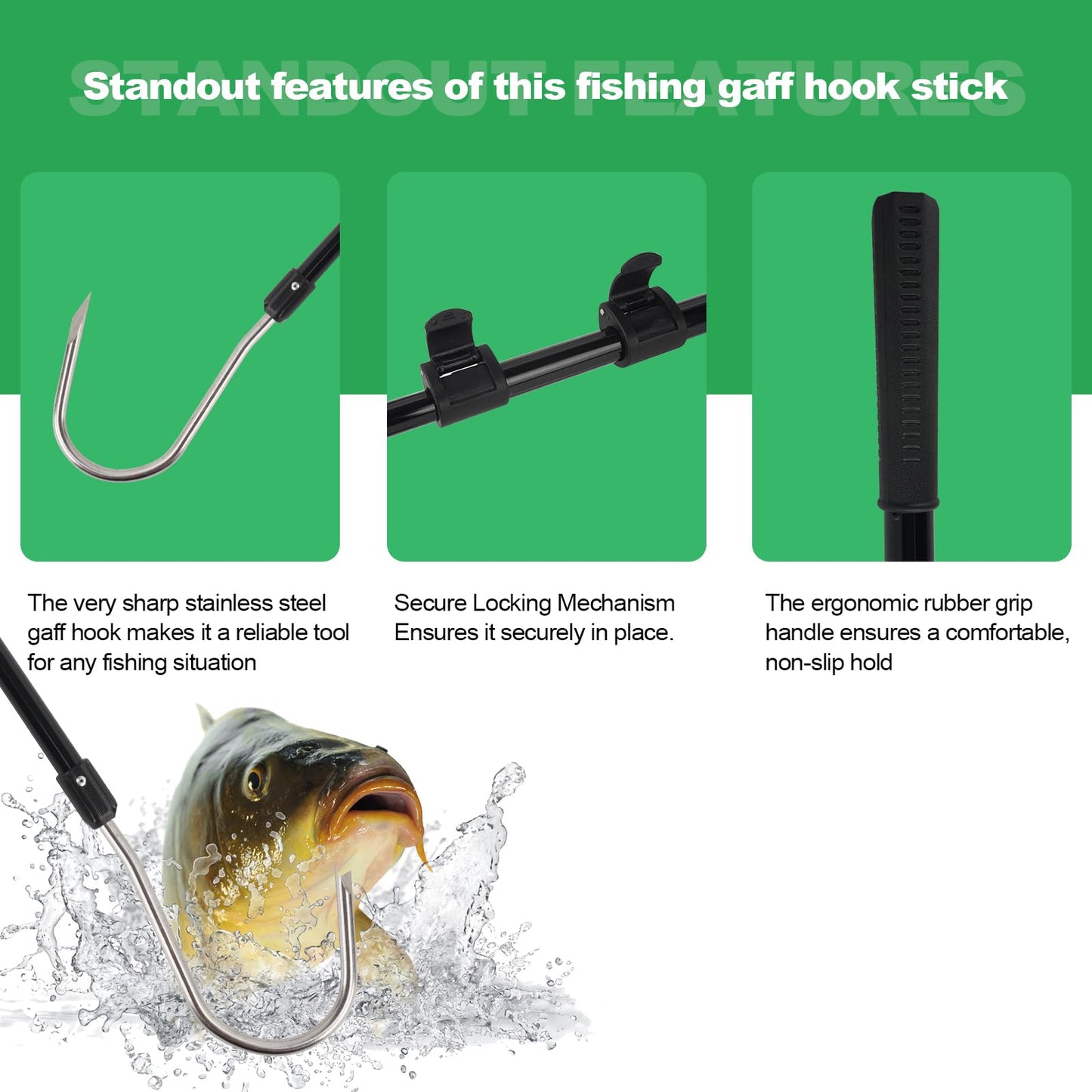 Fishing Gaff Spear Hook Stick with Stainless Gig Hook, Telescopic Aluminium Alloy Pole for Saltwater, Offshore Freshwater Ice Fishing Tool-44inch