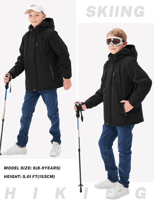 MoFiz Boys Waterproof Ski Jackets Warm Winter Snow Coat Kids Fleece Jackets Thick Hooded Windproof Snowboard Coats Black Medium