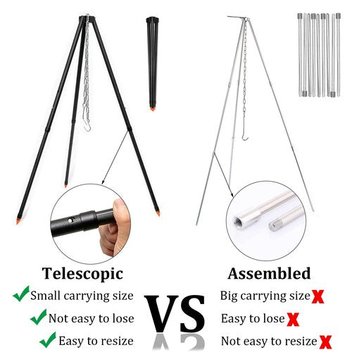 Camping Tripod for Cooking Five-Section Adjustable Campfire Tripod with Adjustable Suspension Chain Suitable for Camping, Campfire,Dutch Oven,Outdoor BBQ (Black)