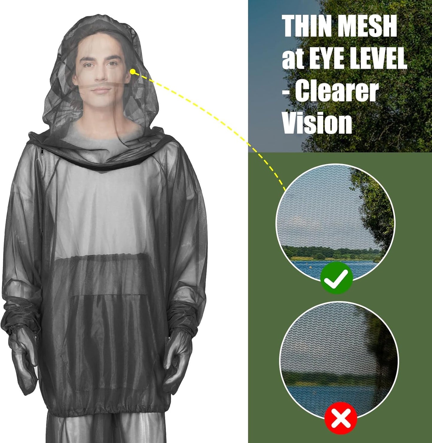 HOMEYA Bug Jacket L/XL, Anti Mosquito Netting Suit with Zipper on Hood Ultra-fine Mesh Pants Mitt Socks with Free Carry Pouch for Protecting Hunting Fishing Men Women