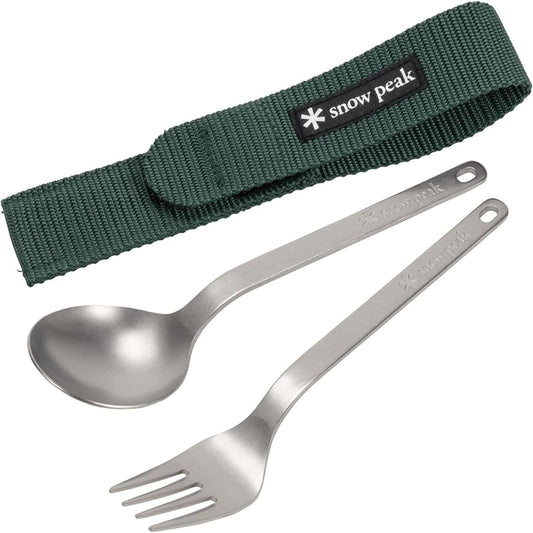 Snow Peak Titanium Fork & Spoon Set, Durable Utensils, Compact, Lightweight, Camping, Hiking, Backpacking, Travel Case
