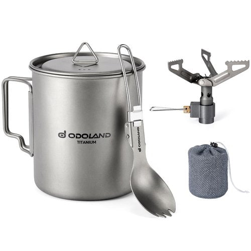 Odoland Titanium Camping Cookware 750ML Titanium Pot with Camping Stove and Spork Portable Pot for Backpacking, Hiking, Traveling and Picnic