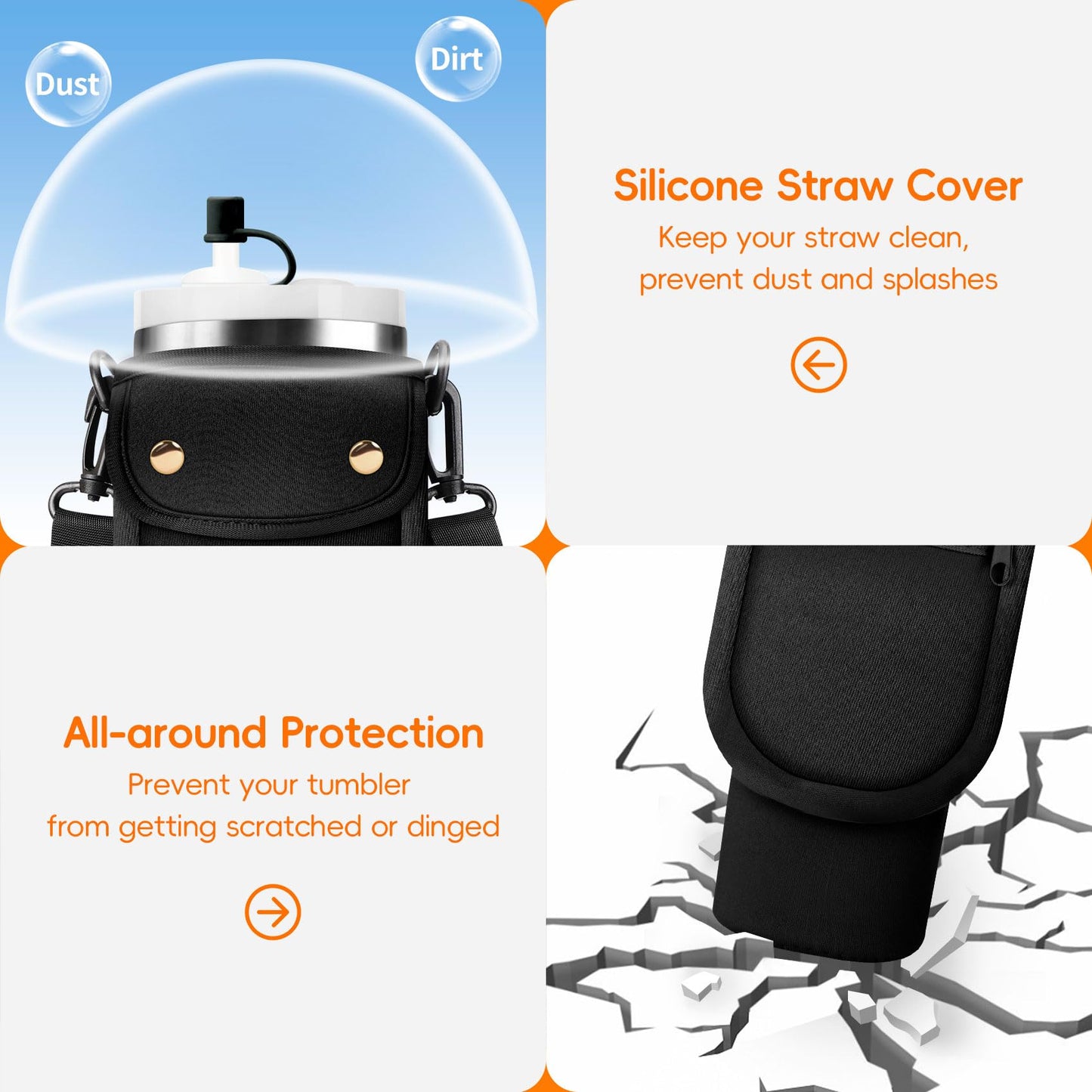 AceTreker 40/30 oz Stanley Cup Sleeve Bag with Paracord Handle, Neoprene Stainless Steel Travel Tumbler Holder with 2 Pockets, Metal Coffee Mug Sling with Straw Cover for Walking Driving Gym-Black