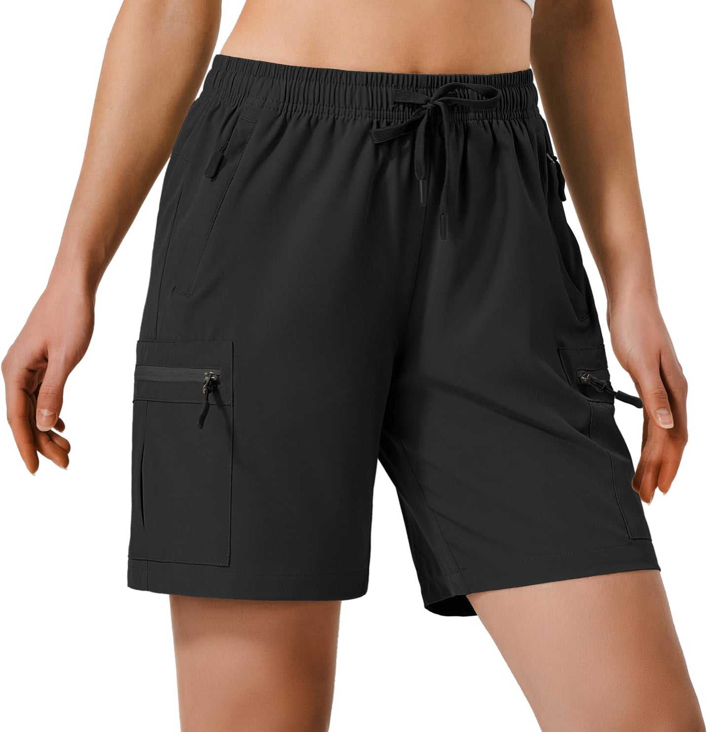 Hugut Women's Lightweight Hiking Cargo Shorts Quick Dry Athletic Shorts Camping Travel Golf Zipper Pockets Water Resistant Black