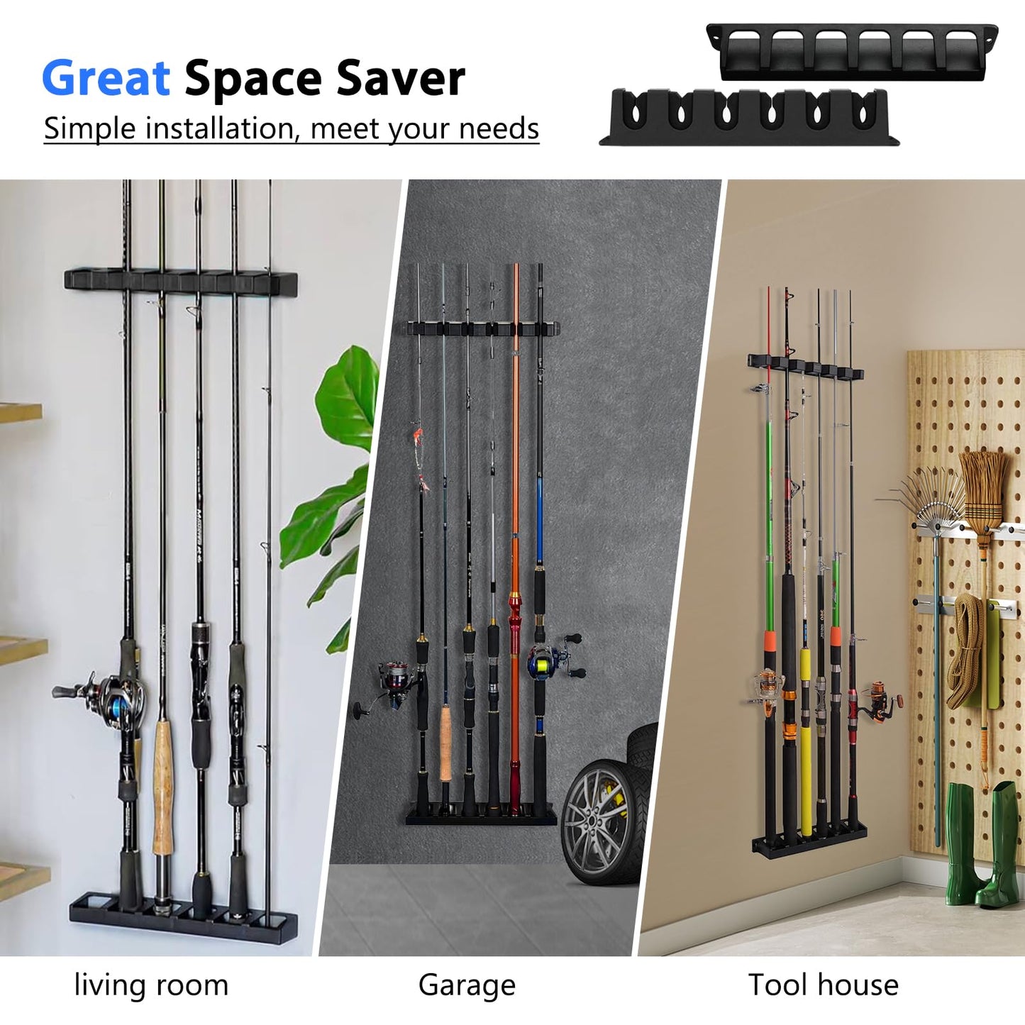 Fishing Rod Holders Wall-Mounted 2 Pairs, Simple Deluxe Fishing Pole Holder & Rack Store up to 12 Rods or Combos for Garage & Boat (Vertical, Black)