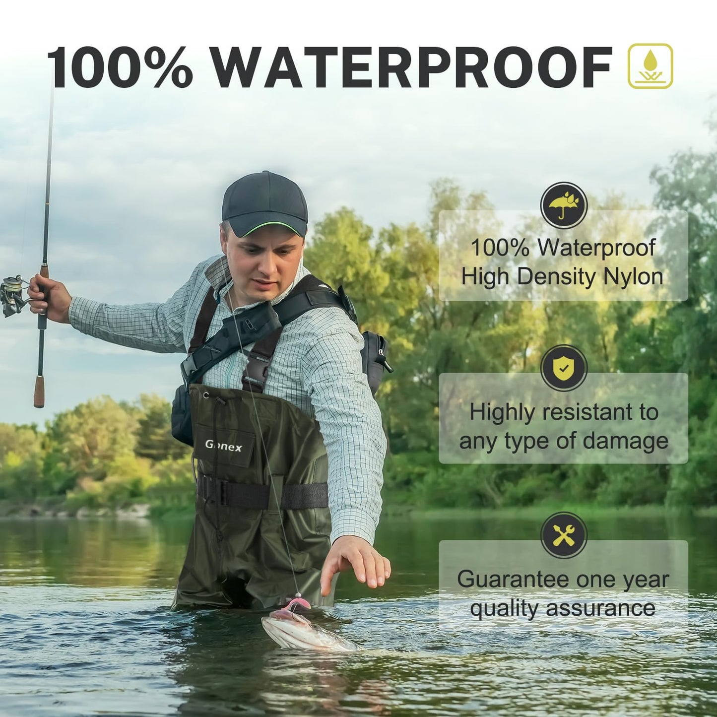 Gonex Chest Waders Hunting Fishing Waders for Men Women Waterproof 70D Nylon Wader for Duck Hunting Fishing, Green, Sizes 13