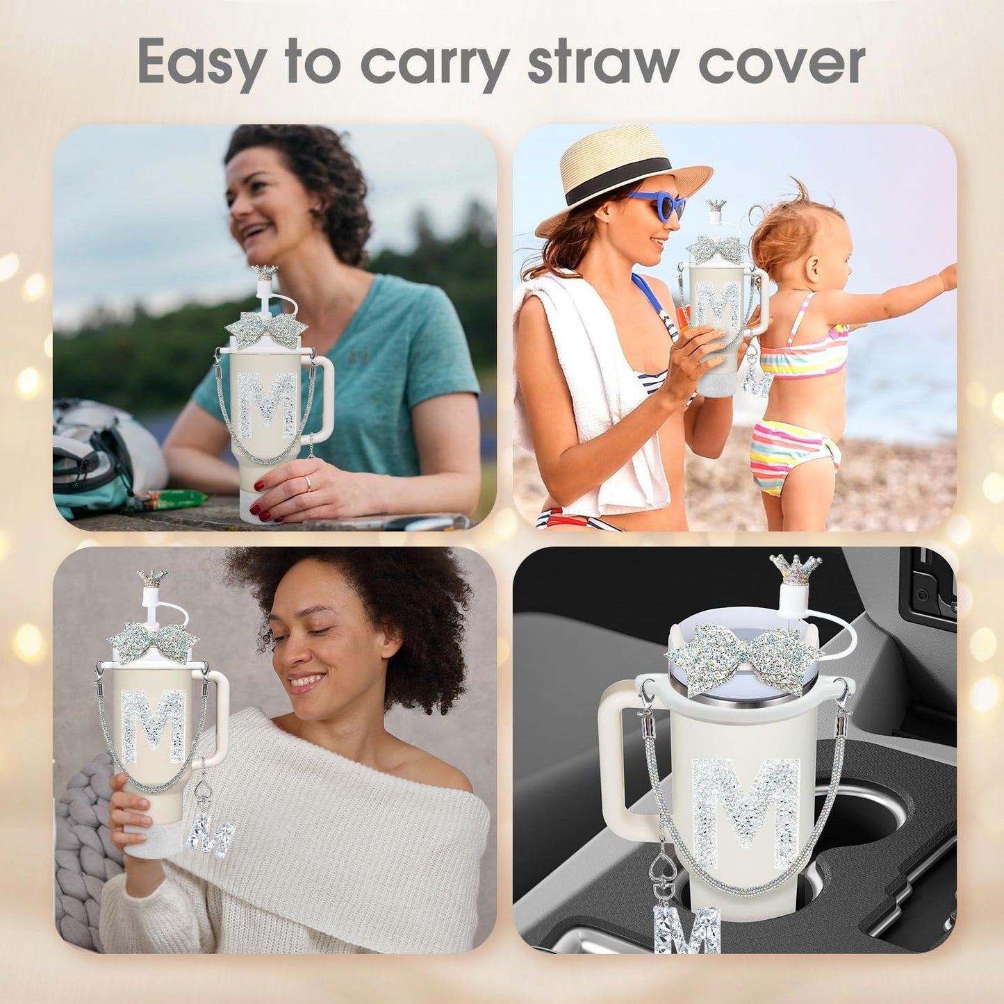 8Pcs Silvery Stanley Cup Accessories Set for Stanley Cup 30&40 Oz Tumbler - Silicone Straw Cover Cap and Boot, Handle Letter Charm, Bow Decoration Initial Sticker, Diamond Water Bottle Handle Strap(M)