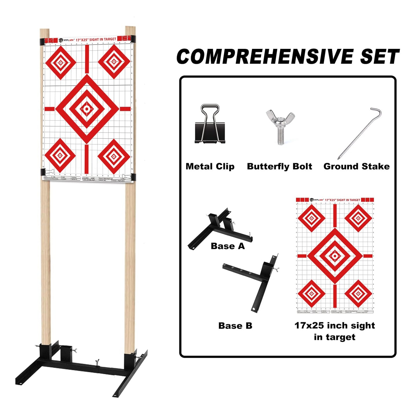 Atflbox 2 Pack Shooting Target Stand with 10pcs 17x25 Inch Sight in Paper Targets, Durable Paper Target Holder with Stable Adjustable Base for Cardboard Silhouette, H Shape, USPSA/IPSC, IDPA Practice