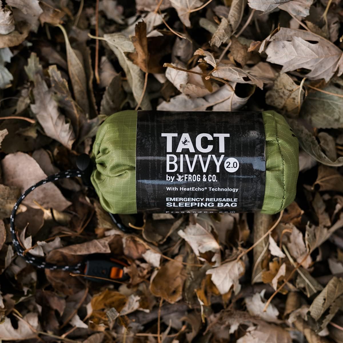 Survival Frog Tact Bivvy 2.0 Emergency Sleeping Bag w/Stuff Sack, Carabiner, Survival Whistle, ParaTinder - Compact, Lightweight, Waterproof, Reusable, Thermal Bivy Sack Cover, Shelter Kit