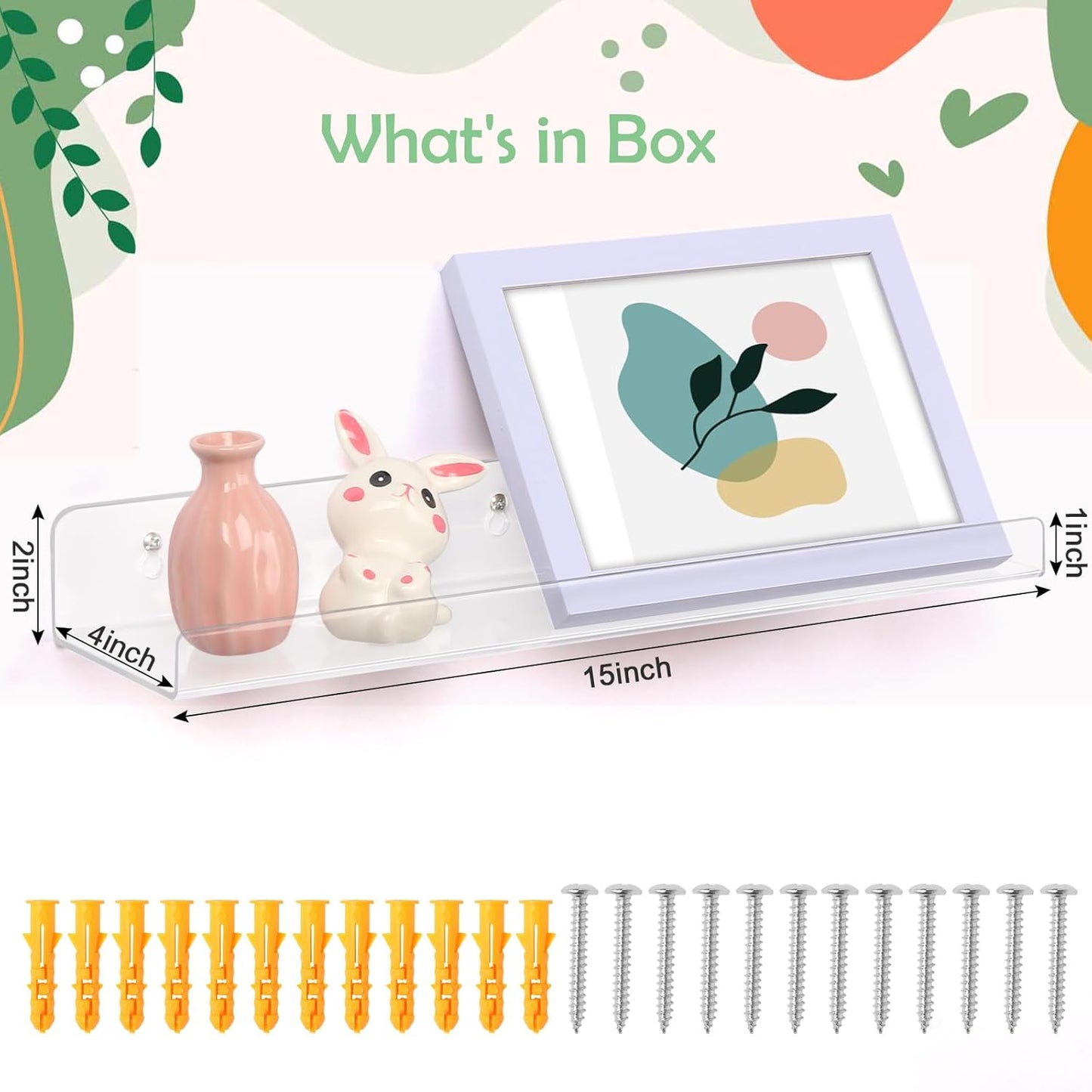 4 Pack Acrylic Shelves for Wall Storage, 15" Floating Bookshelves for Kids, Display Shelf Organizer for Bathroom, Bedroom, Living Room Decor, Kitchen, Clear