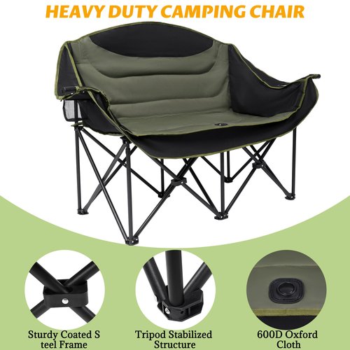 UBALANCE Double Camping Chair - Oversized Two Person Camp Chair with 650 lb. Load Capacity - Army Green - Ideal Camping Gear for Outdoor Adventures