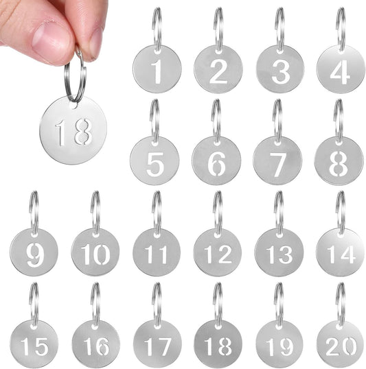20 Pack Stainless Steel Numbered Key Tag Round Metal Numbered Tags with Holes Coat Check ID Tags Number KeyRings Chain for Dormitory House Lockers