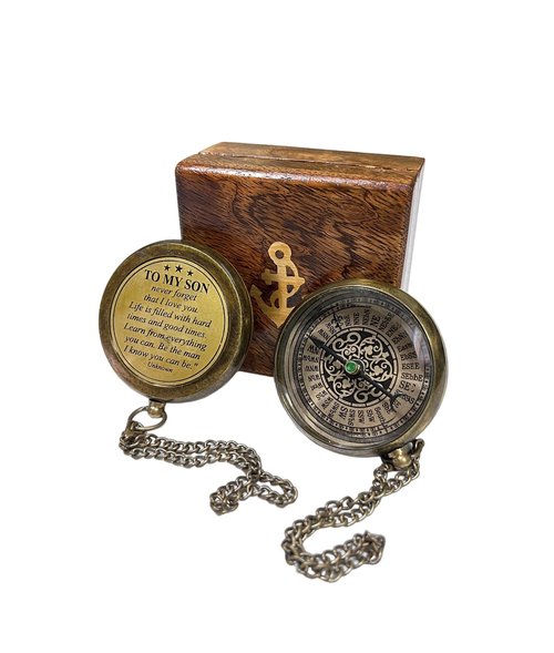 Handmade Brass Engraved Compass on Chain with Wooden Box, Vintage Style Nautical Compass with Intricate Engraving, 2.25 Inches in Diameter