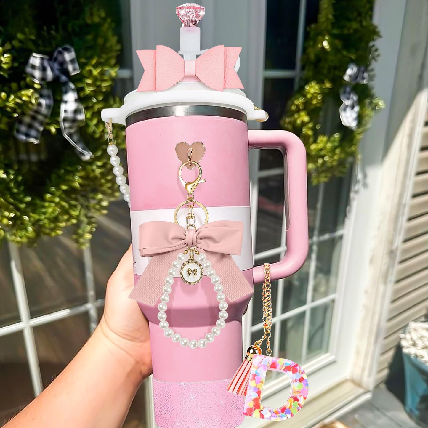 8Pcs Pink Stanley Cup Accessories Set for Stanley Cup 30&40 Oz Tumbler - Silicone Straw Cover Cap and Boot, Letter Charm for Handle, Bow Straw and Charm Decoration, Pearl Water Bottle Handle Strap(D)