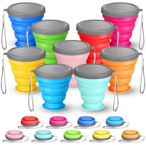 Umigy 9 Pcs 6.8 Oz/ 200 ml Silicone Collapsible Cup with Lid Collapsible Water Bottles Reusable Small Collapsible Travel Cup Portable Drinking Folding Camping Coffee Mugs for Hiking Outdoor Sports