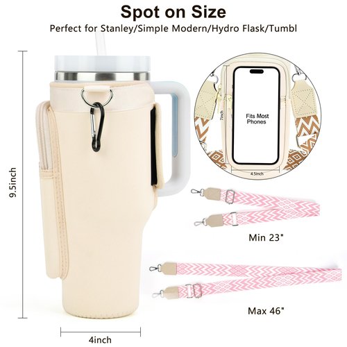 Water Bottle Holder with Strap for Stanley Cup 40 oz Tumbler with Handle, Personalized Initial Gift, Water Bottle Carrier Bag with Phone Pocket & Carabiner for Stanley Cup Accessories - Cream White A