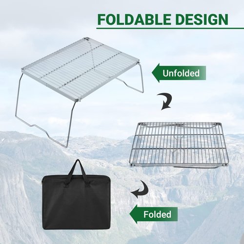 YETO Folding Campfire Grill 304 Stainless Steel Grate Heavy Duty Bushcraft Portable Camping Grill with Legs Carrying Bag for Outdoor Camping Cooking 16.3"x 12.2" x 8.6"