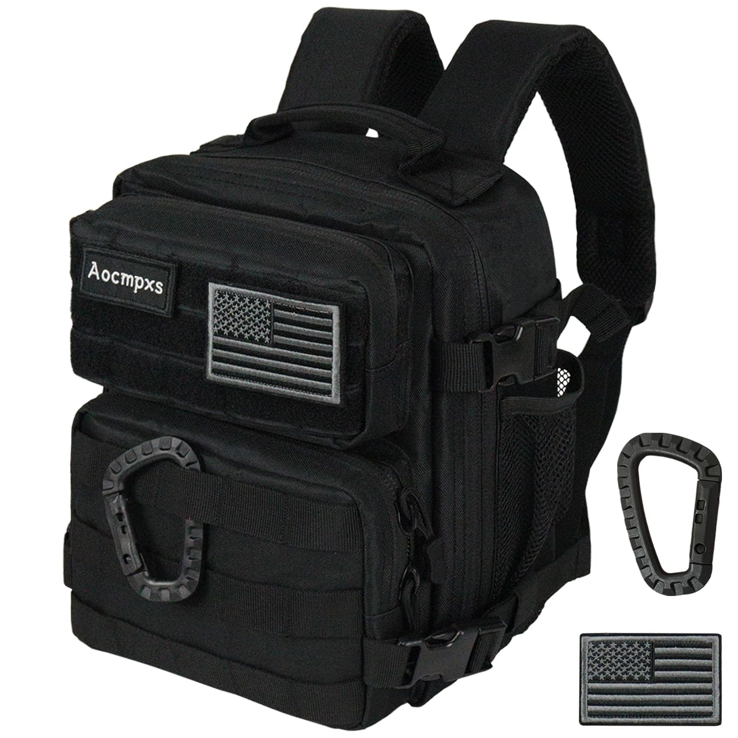 Aocmpxs Mini Tactical Backpack, 9L Small Gym Backpacks Sport Bag for Men Women Molle Military Pack with US Flag Patch and Carabiner (Black)