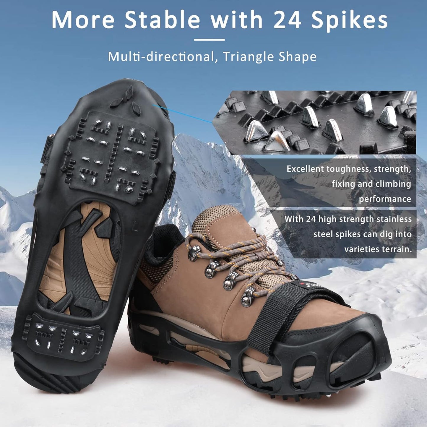 Ice Cleats Crampons Anti Slip Shoe Spikes for Snow Ice Cleats for Shoes and Boots Men Women Winter Walking Non-Slip 24 Studs Stretch Rubber Footwear