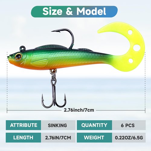 Soft Fishing Lures, Pre-Rigged Jig Head Swimbaits for Bass Fishing, 6Pcs Paddle Tail Swim Baits for Fishing Saltwater and Freshwater Trout, Walleye, Crappie