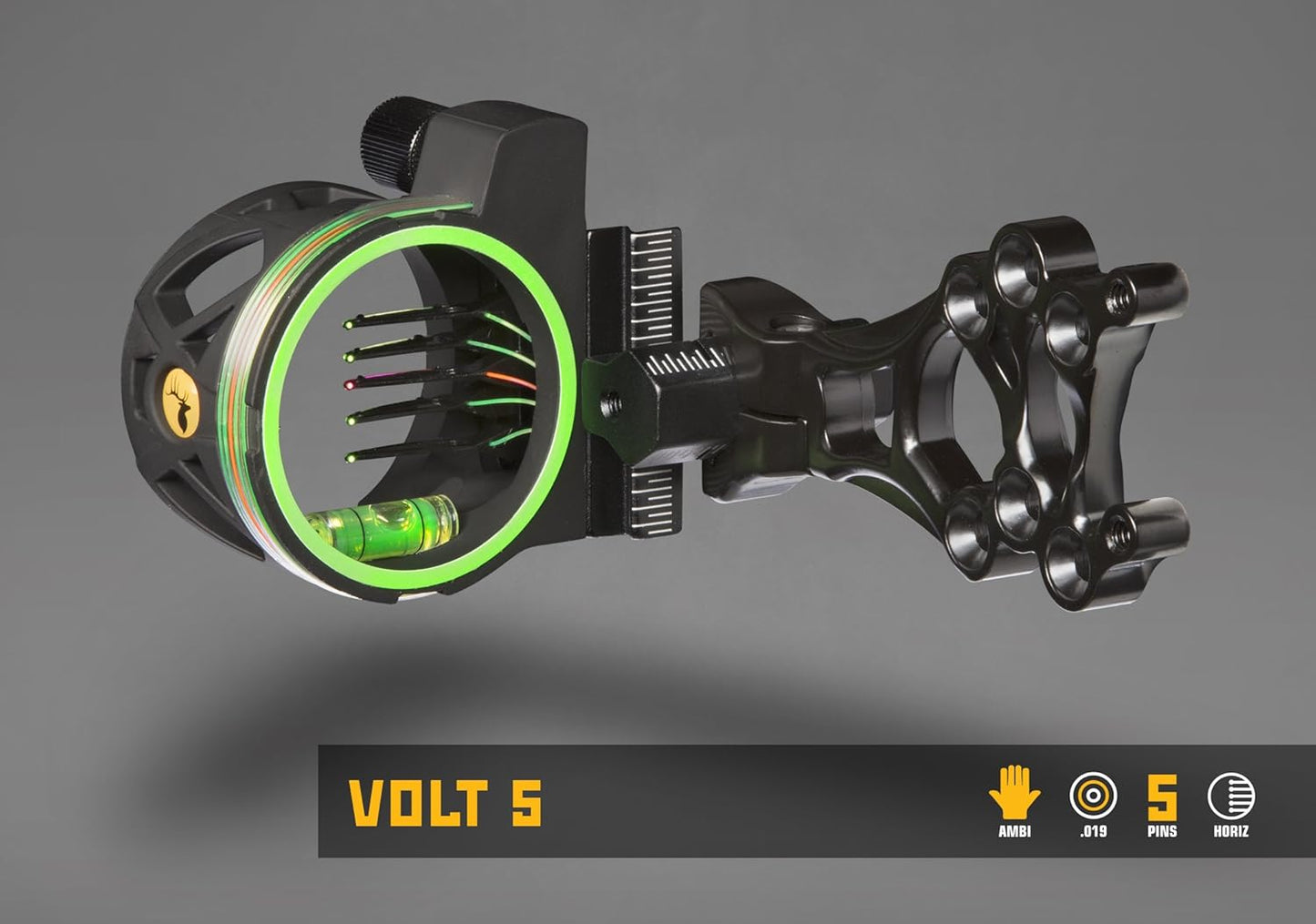 Trophy Ridge Volt 5 Pin Archery Bow Ambidextrous Sight - 5 Ultra-Bright Horizontal .019 Fiber Optic Pins, Bubble Level, Green Hood Accent for Quicker Sight Acquisition, Fiber Wrapped Pin Guard