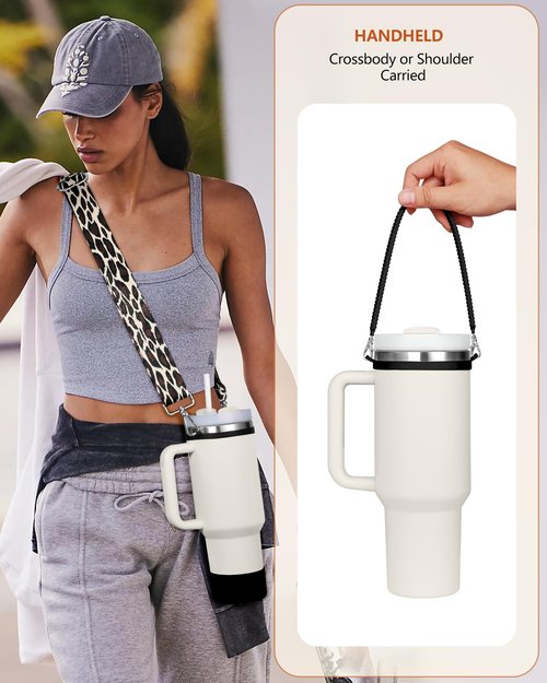 Toykee Cup Straps Carrier with Boot for Stanley 40 30 oz - Water Bottle Shoulder Handle Holder Sling Crossbody Lanyard for Tumbler Leopard Black Silicone Carrying Accessories Set