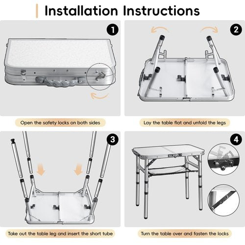 pollilar Small Camping Table 2Ft Folding Table 3 Adjustable Height Portable Lightweight Table Aluminum Fold Up Dining Table for Picnic,Beach BBQ,Cooking, Bed Working Outdoor & Indoor