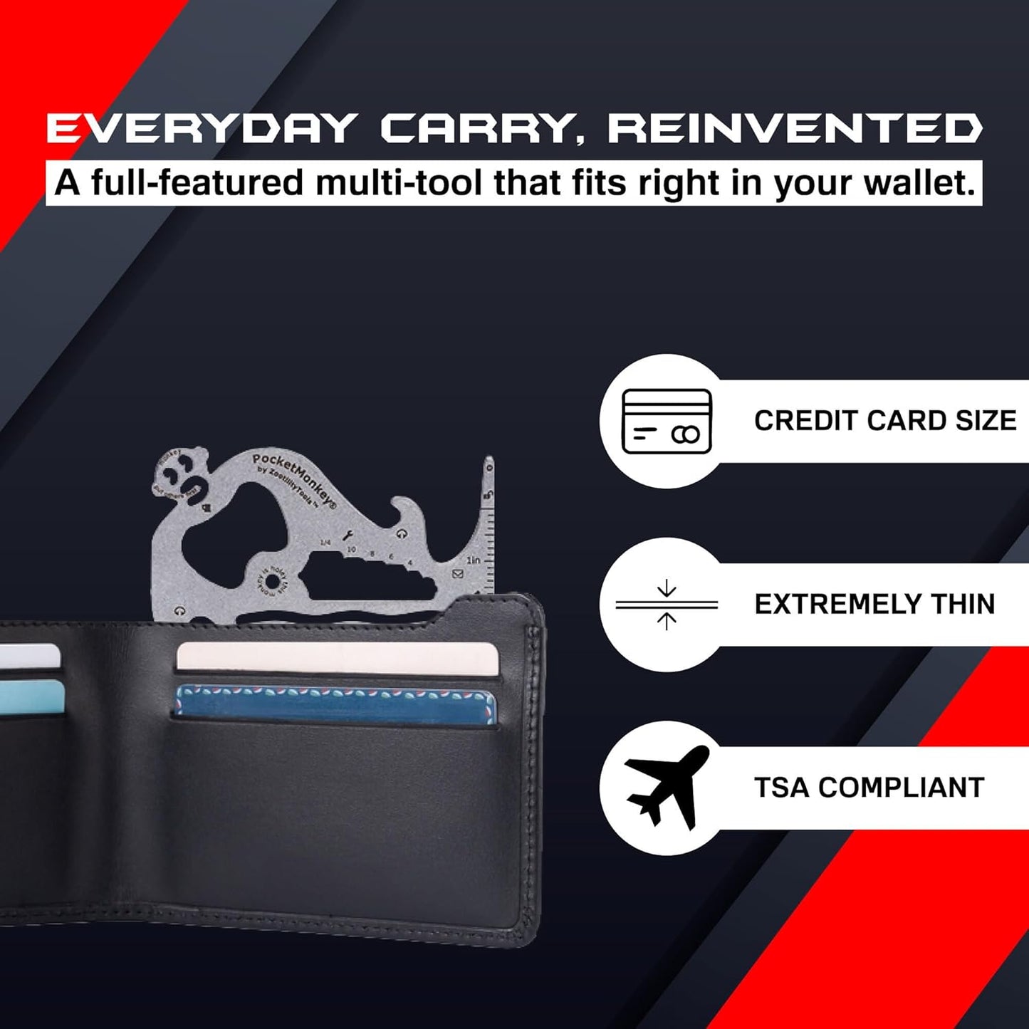 Wallet Multi-Tool, PocketMonkey 12-in-1 Credit Card Tool, Bottle Opener, Stainless Steel, MADE IN USA