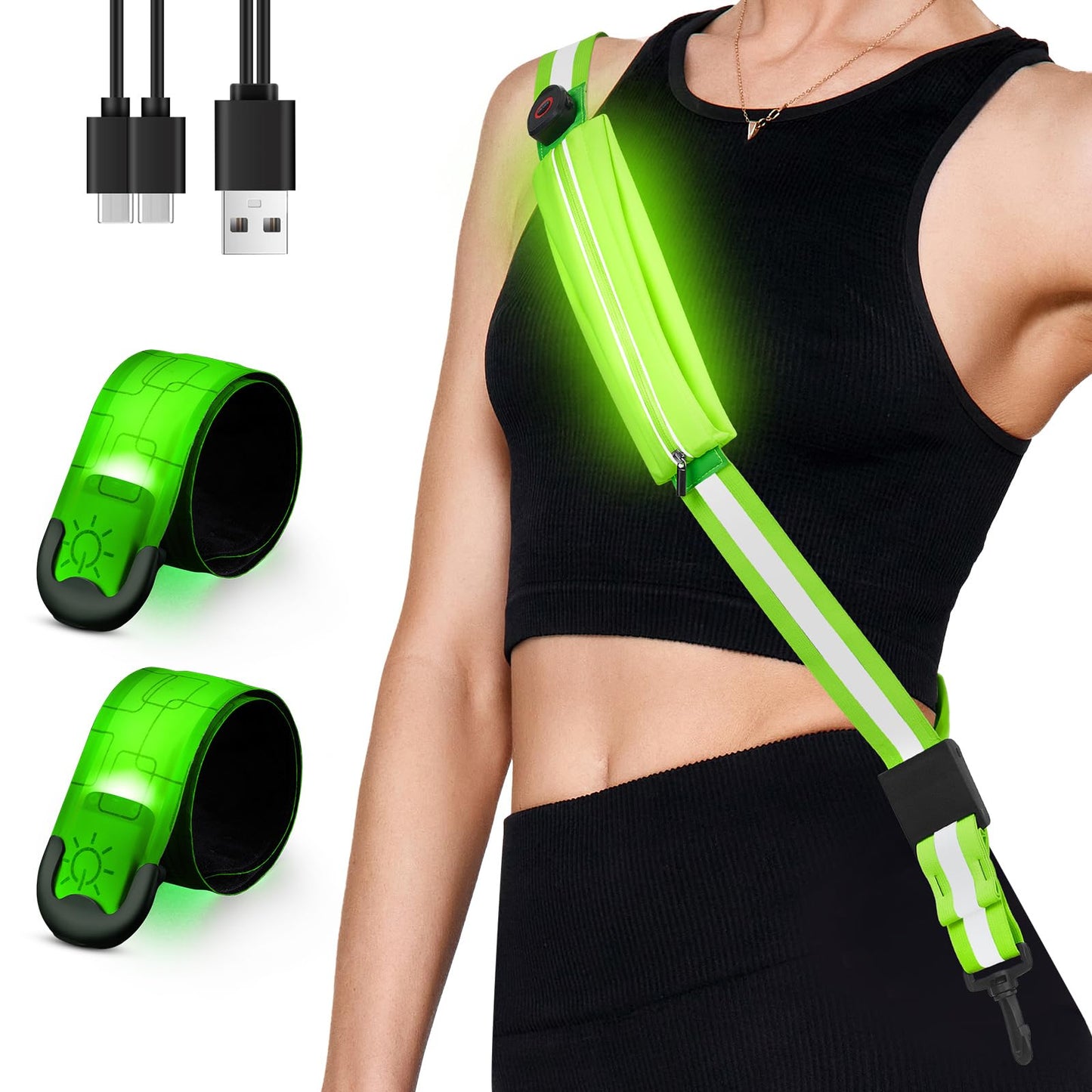 Fitense LED Reflective Belt Sash with Phone Holder with Rechargeable LED Armband 2-Pack, High Visibility Reflective Running Gear for Night Safety, 5 Colors & 3 Modes Light Up Armbands for Night Walkin