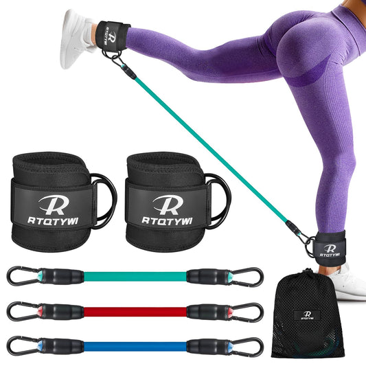 Ankle Resistance Bands Set - 60LB Adjustable Tube Bands for Glutes & Legs Workouts - 3 Different Pounds - Recoils & Ankle Strap for Women & Men