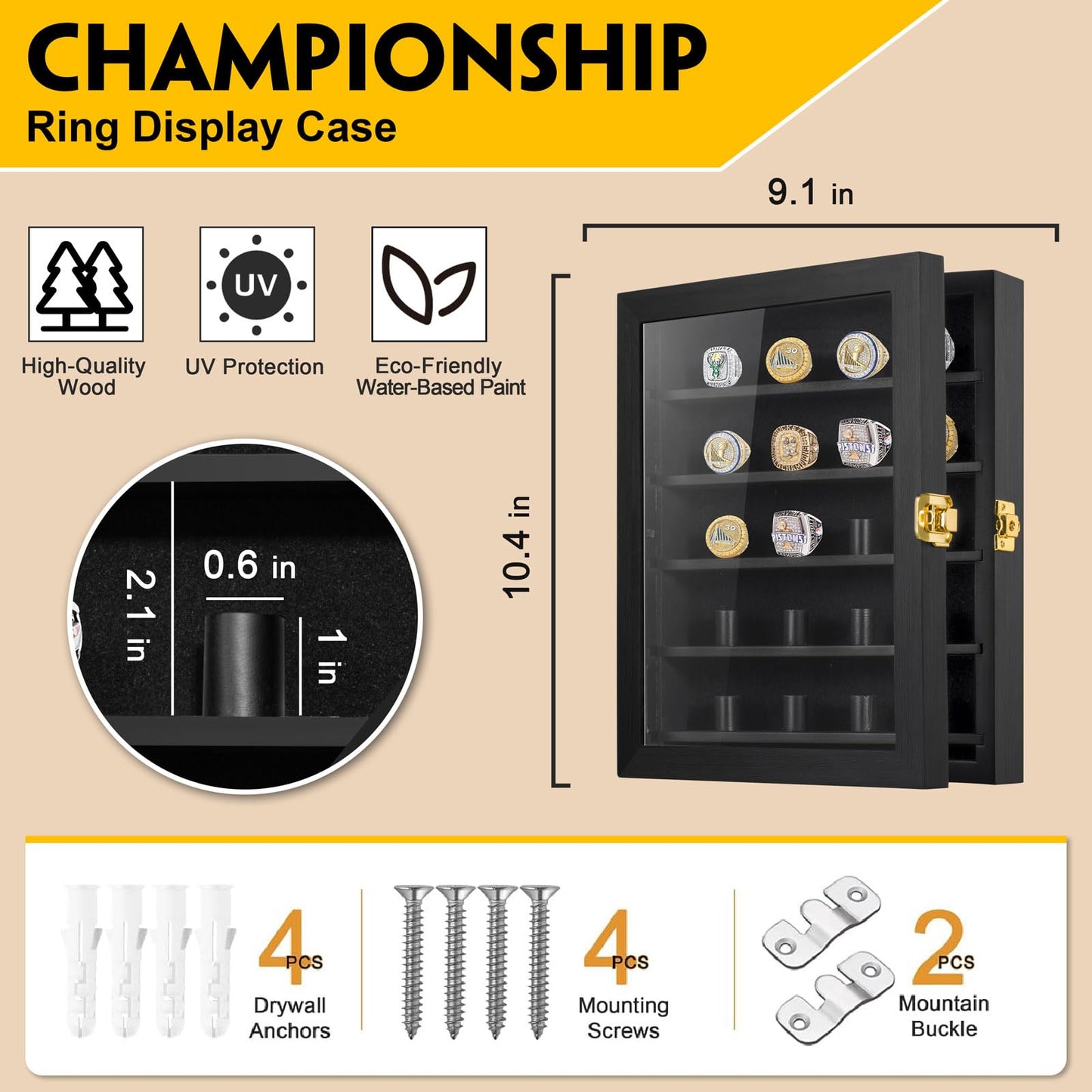 Kacorn Championship Ring Display Case, 20 Ring Posts Sports Ring Display Case Wooden Shadow Box for Baseball Basketball Football Softball Award Rings Fan Souvenirs