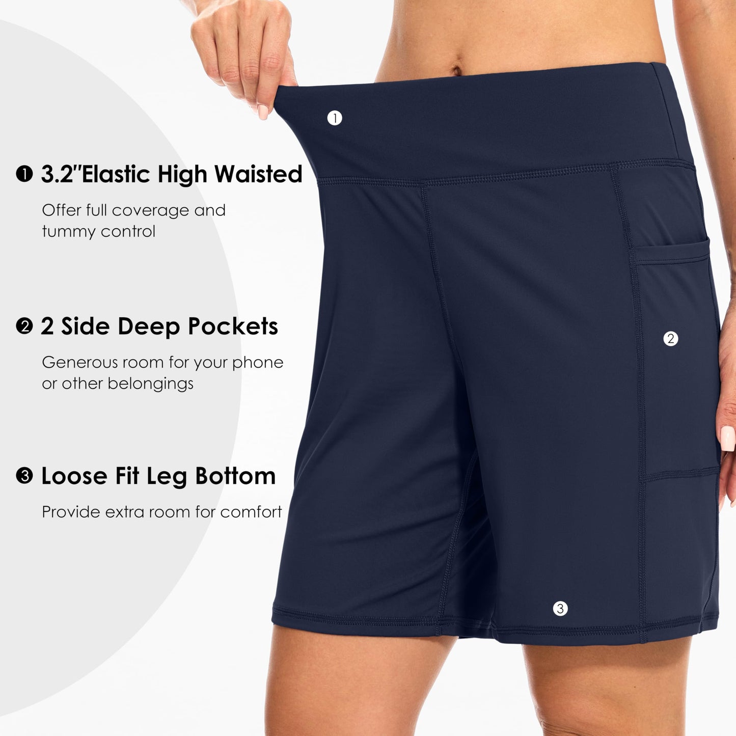 Blouty Women's 7" Bermuda Shorts with Pockets High Waisted Stretch Athletic Long Shorts for Women Workout Casual (Navy, Large)