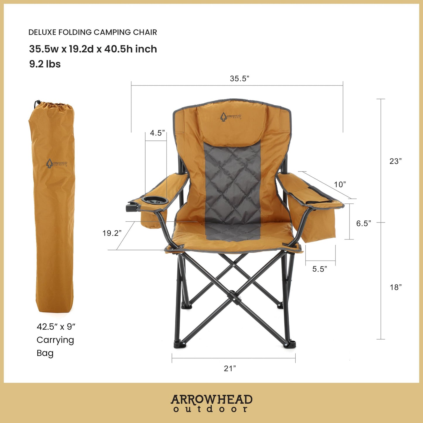 ARROWHEAD OUTDOOR Portable Deluxe Folding Camp Quad Chair w/Headrest, Glass & Cup Holders, Armest 6-can Cooler, Heavy Duty Carry Bag, 550 lbs Weight Capacity