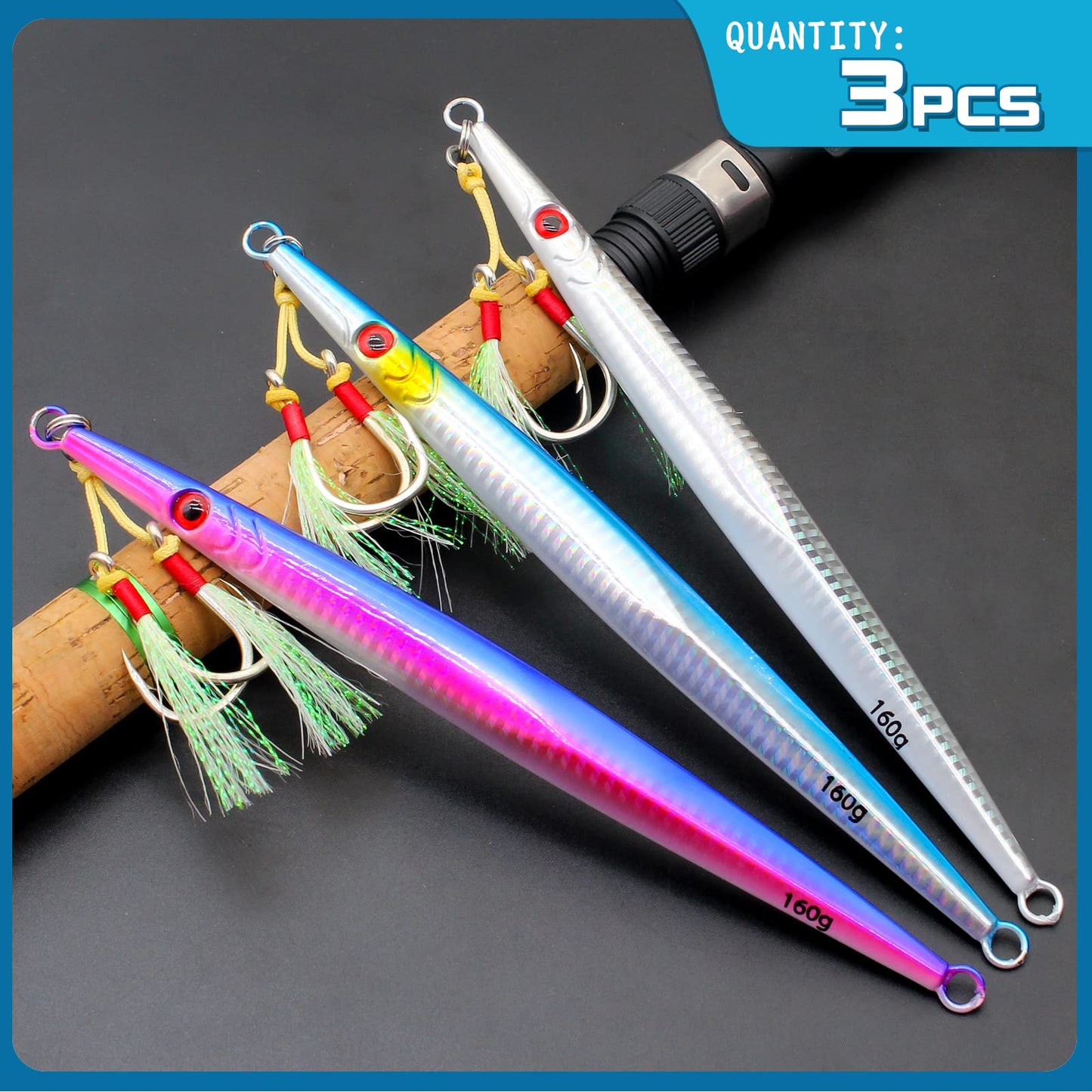 Gefischtter 3pcs Saltwater Vertical Fishing Jigs Metal Jigging Spoon Speed Fast Deep Sea Jigging Fishing Lures Glow Lead Jigs with Assist Hooks for Tuna,Bass,Dogtooth,Grouper/5.64oz(160g)